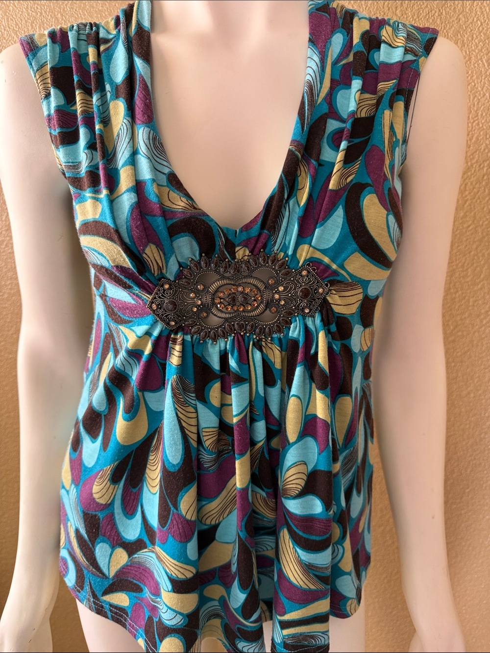 Sleeveless V-Neck Women’s Top in Teal, Purple & Gold